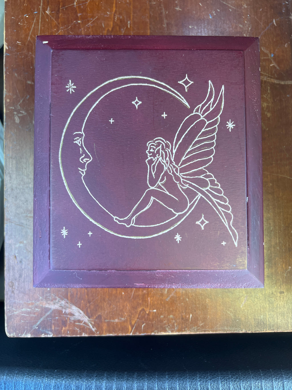 Box, Wood Engraved Fairy on Moon | Handcrafted Fae Storage for Tarot, Crystals & Treasures