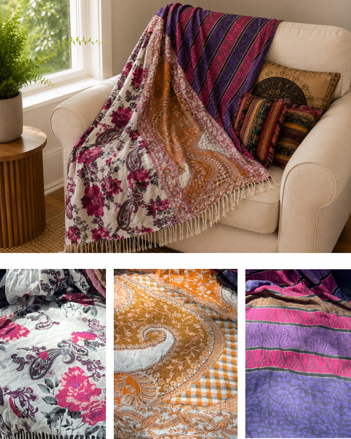 Blanket Boho Throw Oranges - Upcycled Pashmina Scarf Throw