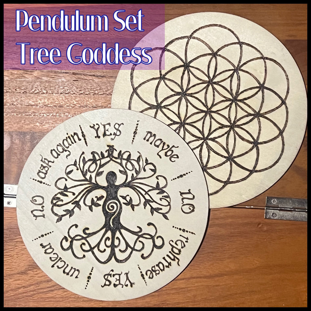 Board, Pendulum Tree Goddess 6" | Hand Wood-Burned Pendulum Board + Crystal Grid Back