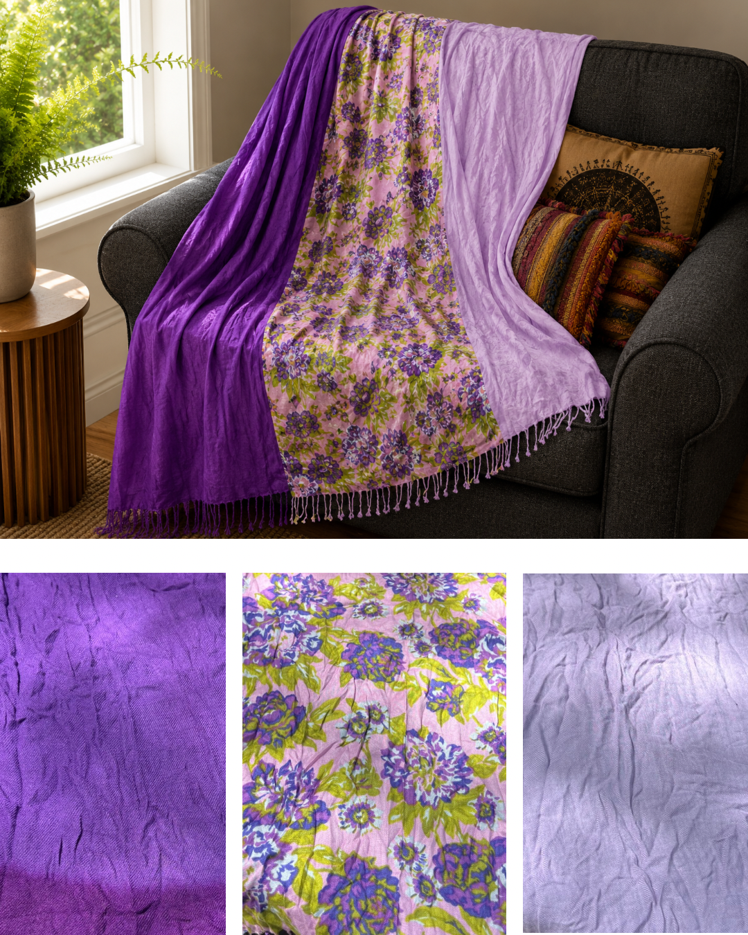 Blanket Boho Throw Purples - Upcycled Pashmina Scarf Throw