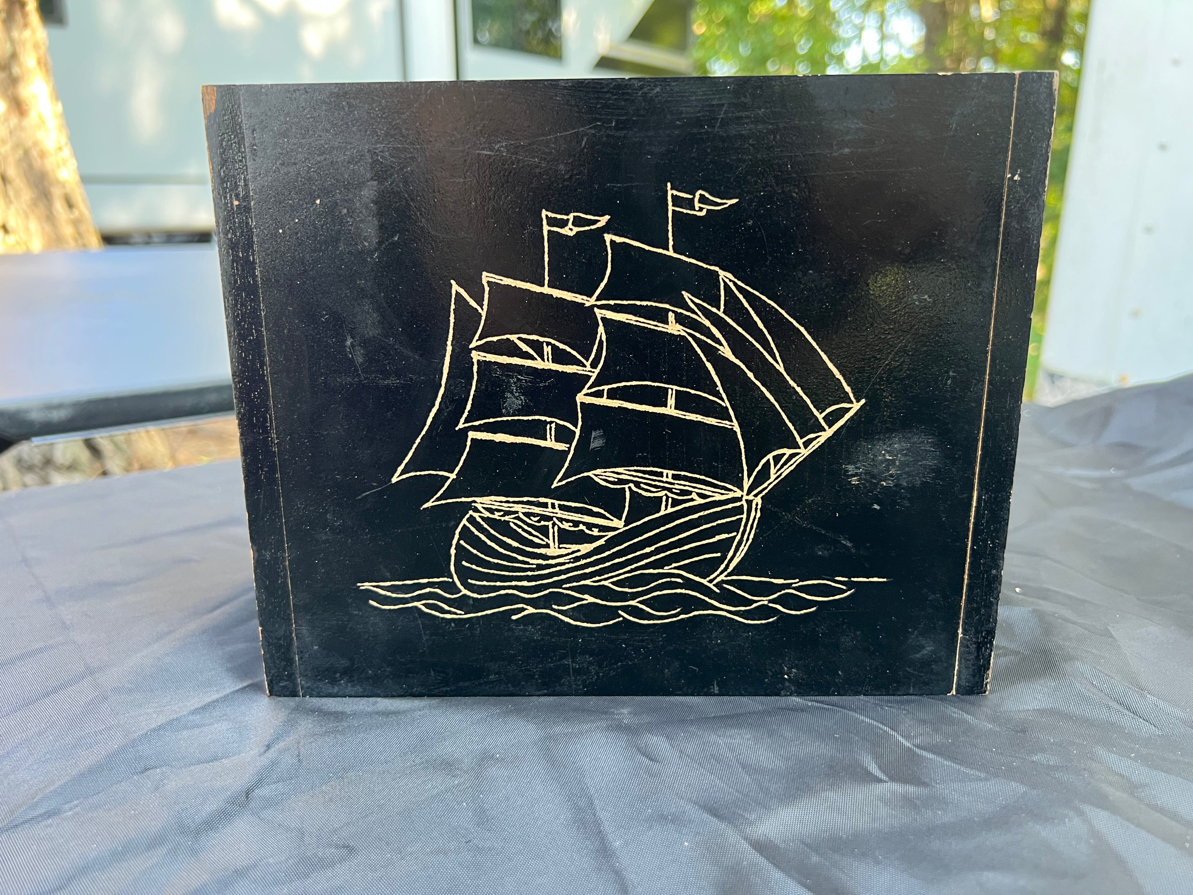 Box, Wood Engraved Pirate Ship | Handcrafted Nautical Storage for Tarot, Treasures & Collectibles