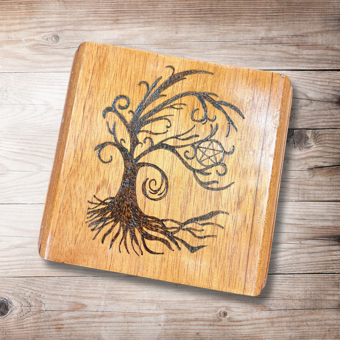 Box, Wood Burned Pentacle Tree | Handcrafted Pagan Storage for Tarot, Crystals & Altar Tools