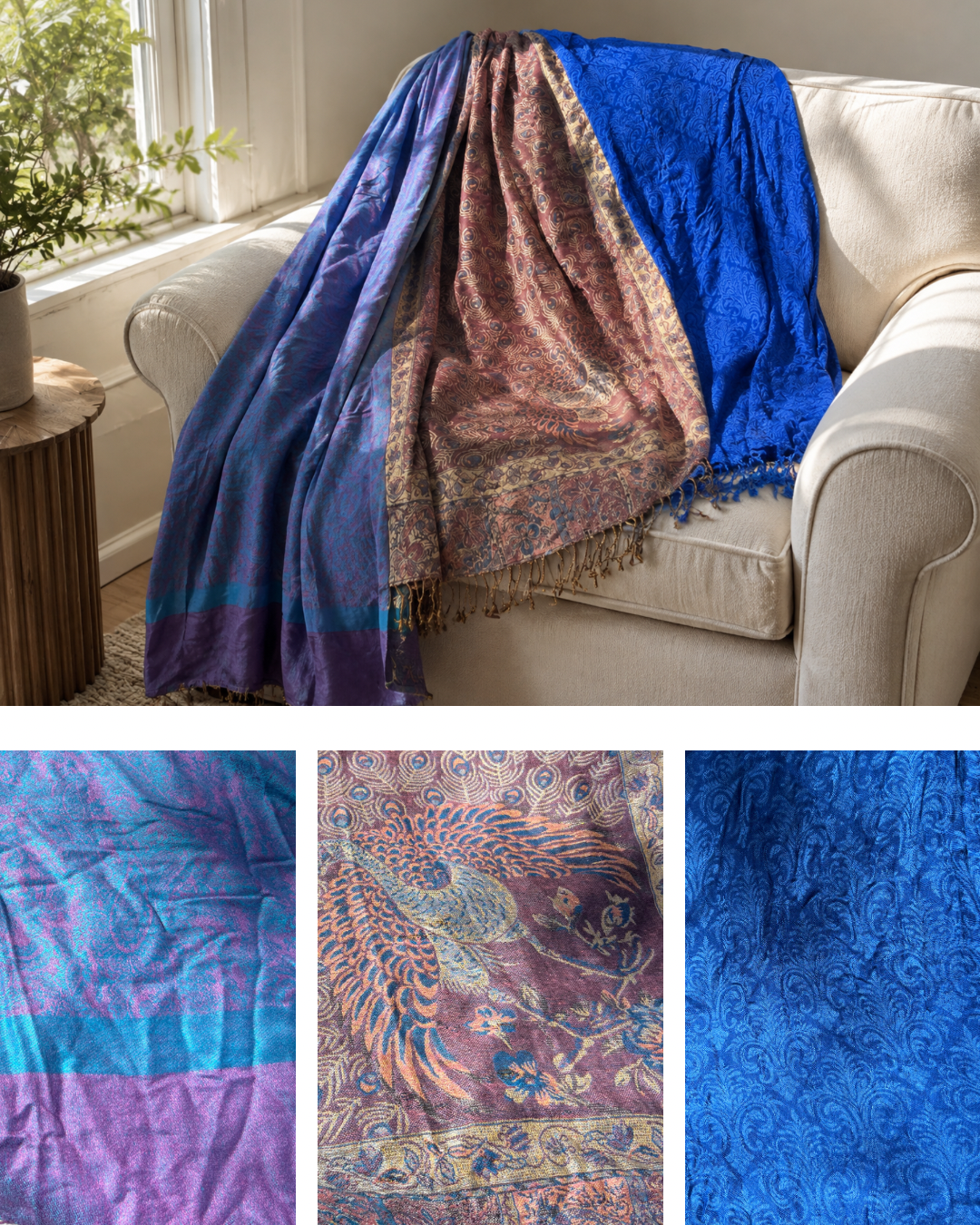 Blanket Boho Throw Blues - Upcycled Pashmina Scarf Throw
