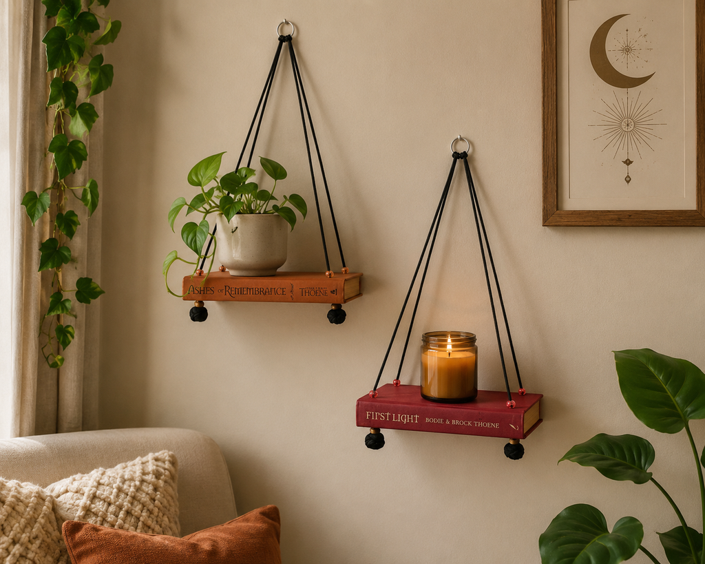Book Shelf Hanging Matched Pairs| Repurposed Hardback Hanging Shelf with Paracord (Upcycled Decor)